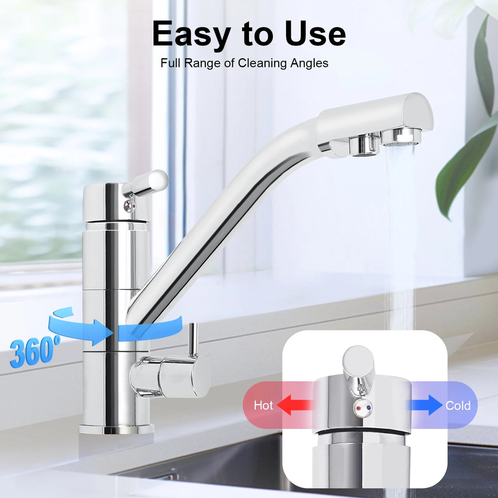 3 in 1 Water Filter Tap 360° Rotatable Three-Way Kitchen Faucet Hot and Cold Water Osmosis System Tap