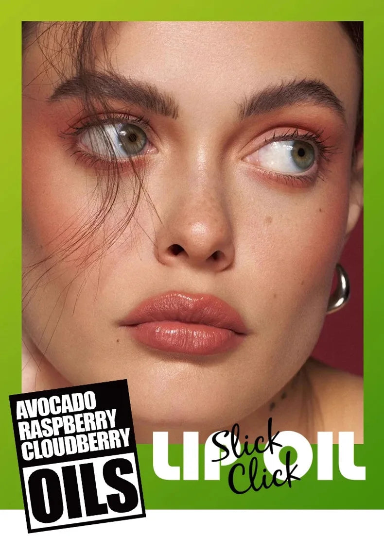 Model wearing moisturizing, glossy plum-nude click press lip oil for a smooth, hydrated, and plump lip makeup look.