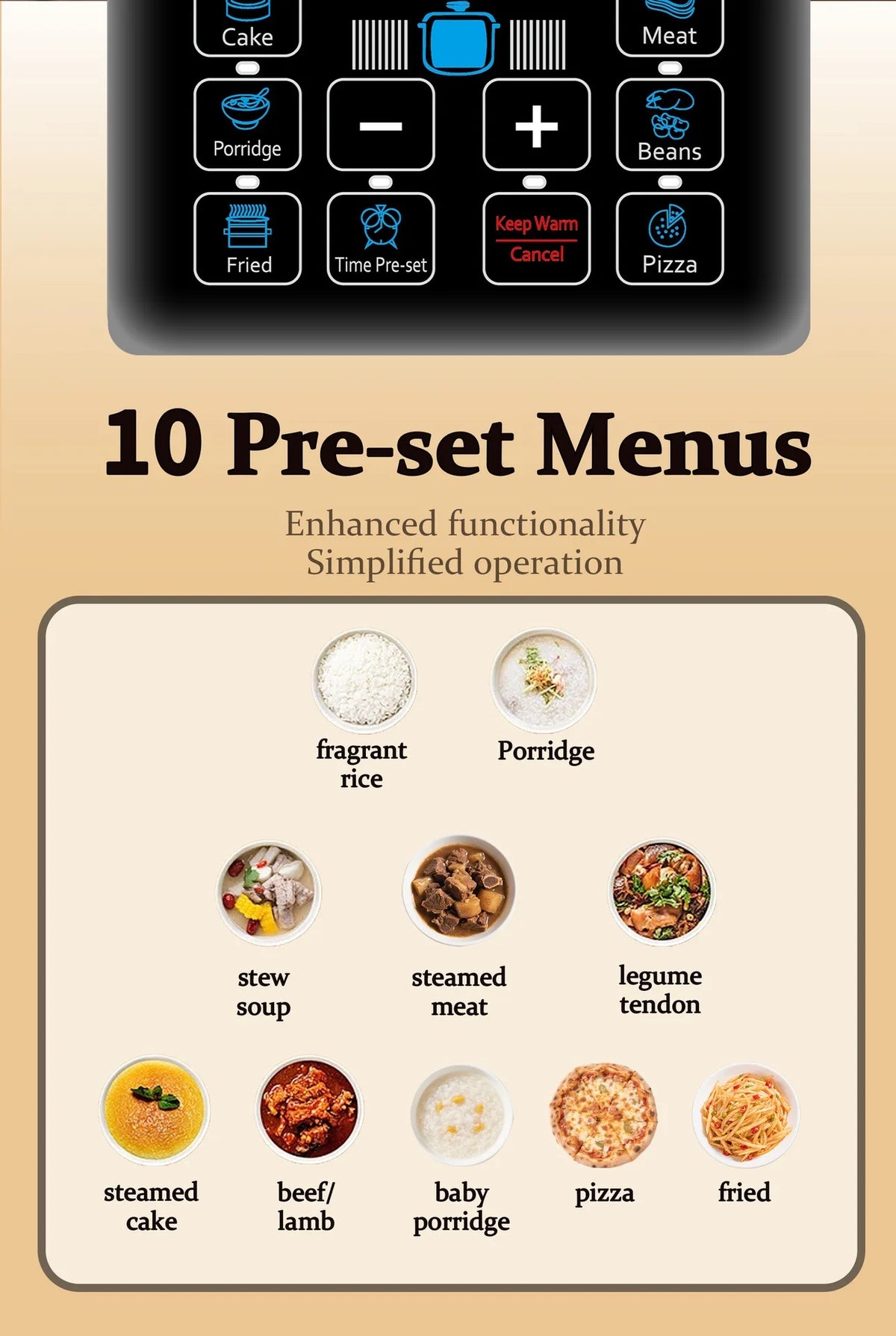 Electric pressure cooker digital control panel with multiple program icons and buttons
