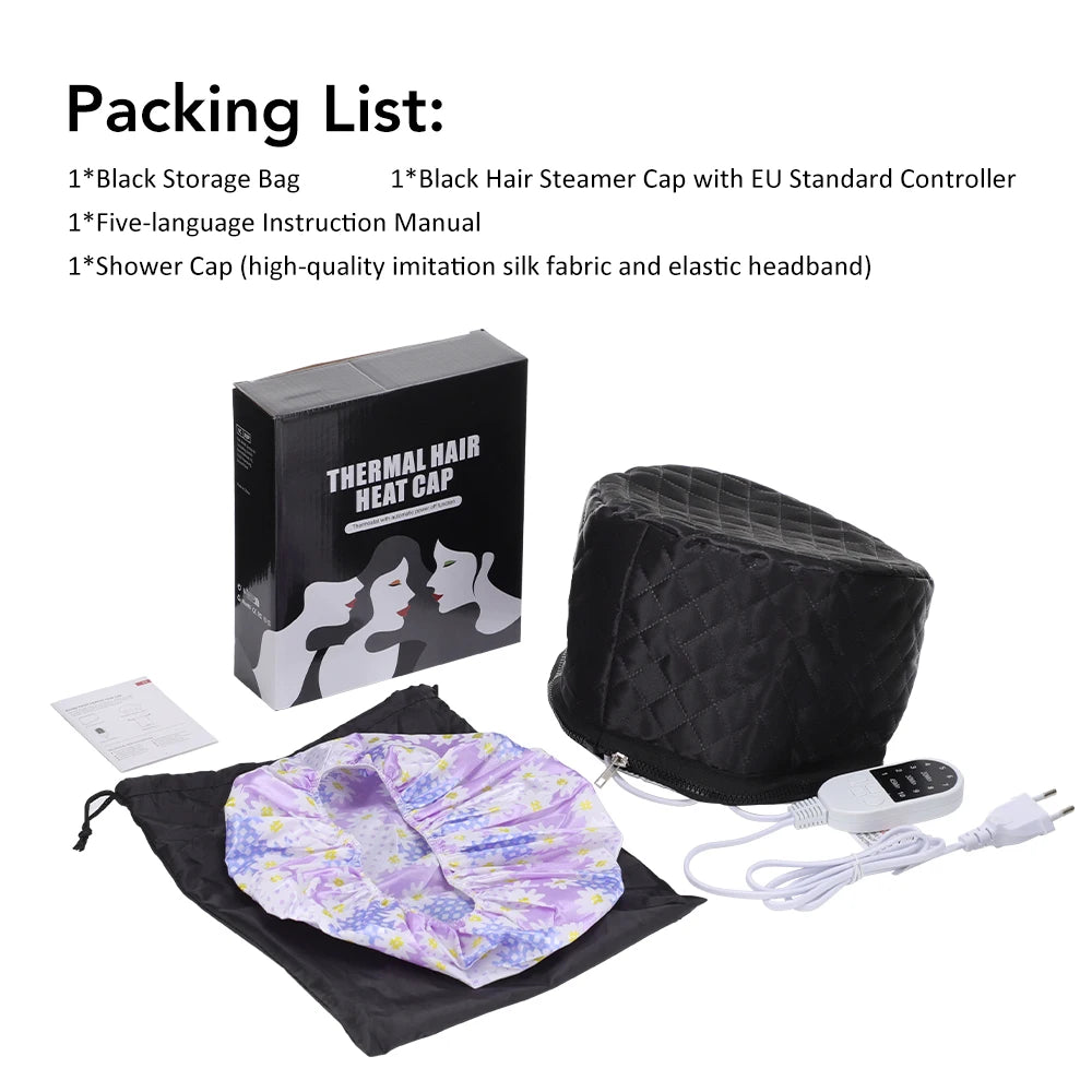 Black quilted electric hair steamer cap with EU controller, floral shower cap, and storage bag for deep conditioning.