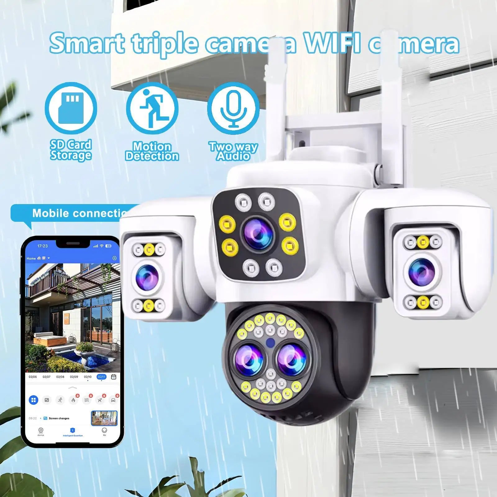 20MP Outdoors Wifi Camera 10K HD Three Screens Security PTZ IP Camera 10X Digital Zoom Lens Human AI Auto Detect Tracking Camera