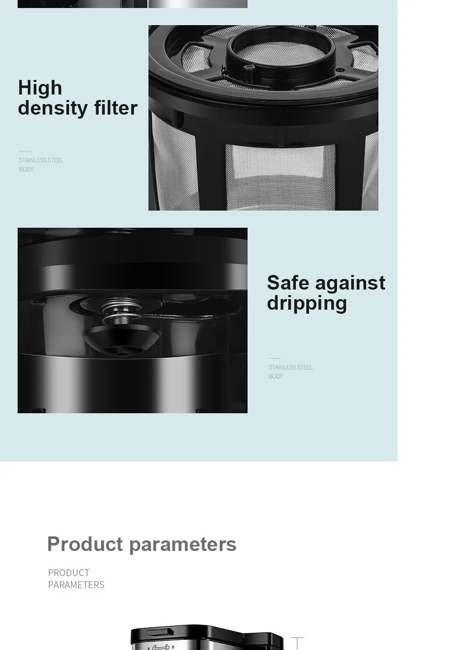 Stainless steel coffee maker parts featuring a high-density mesh filter and anti-drip mechanism for easy brewing.