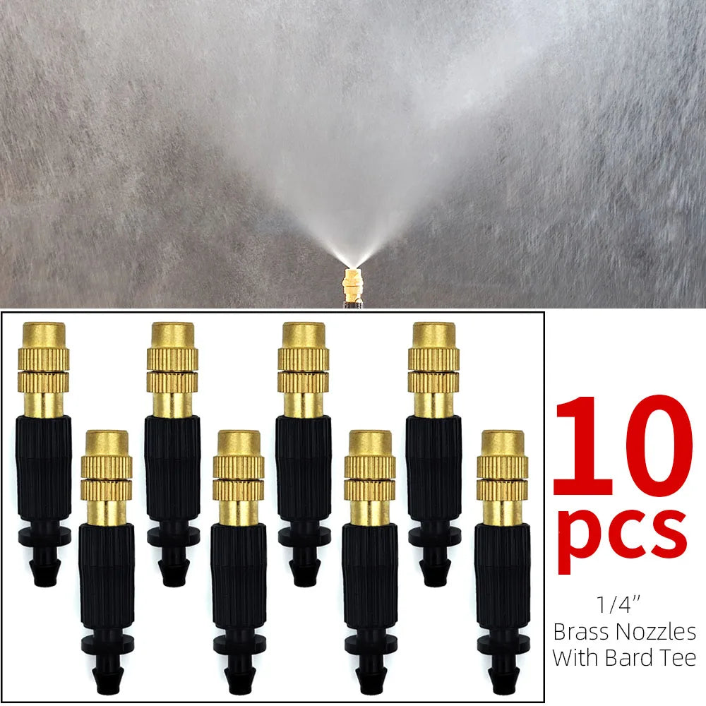 Set of 1/4 in brass misting nozzles with barbed tee fittings for outdoor cooling.