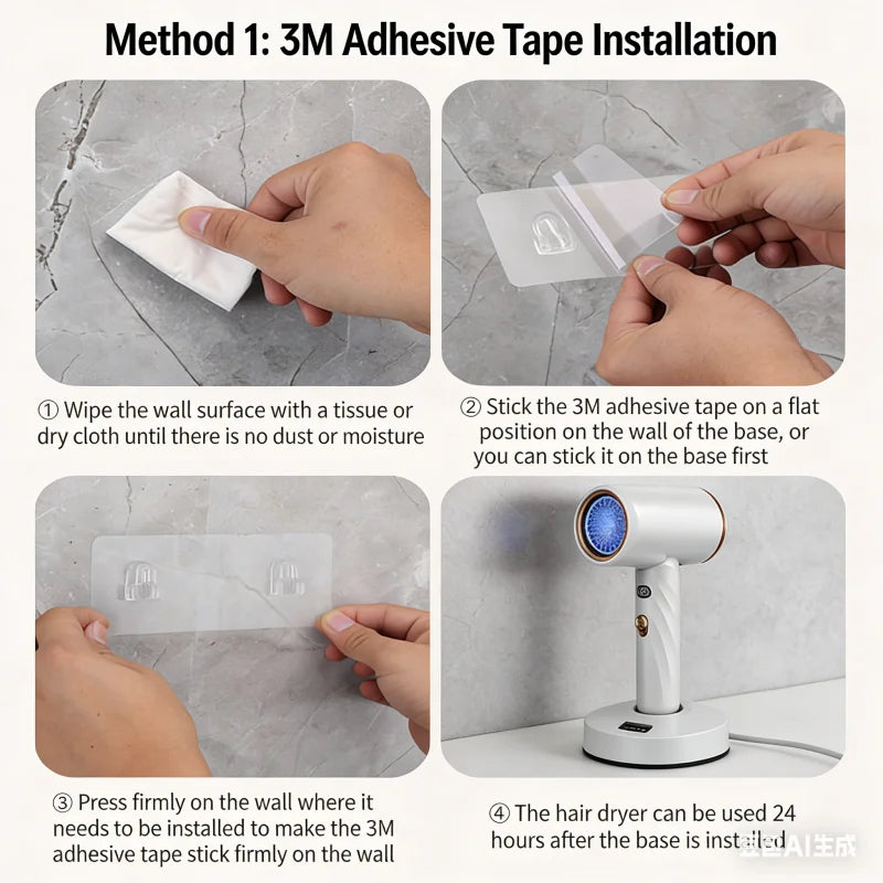 No-drill 3M adhesive installation guide for 1800W white wall-mounted hair dryer with LED temp display for bathroom.
