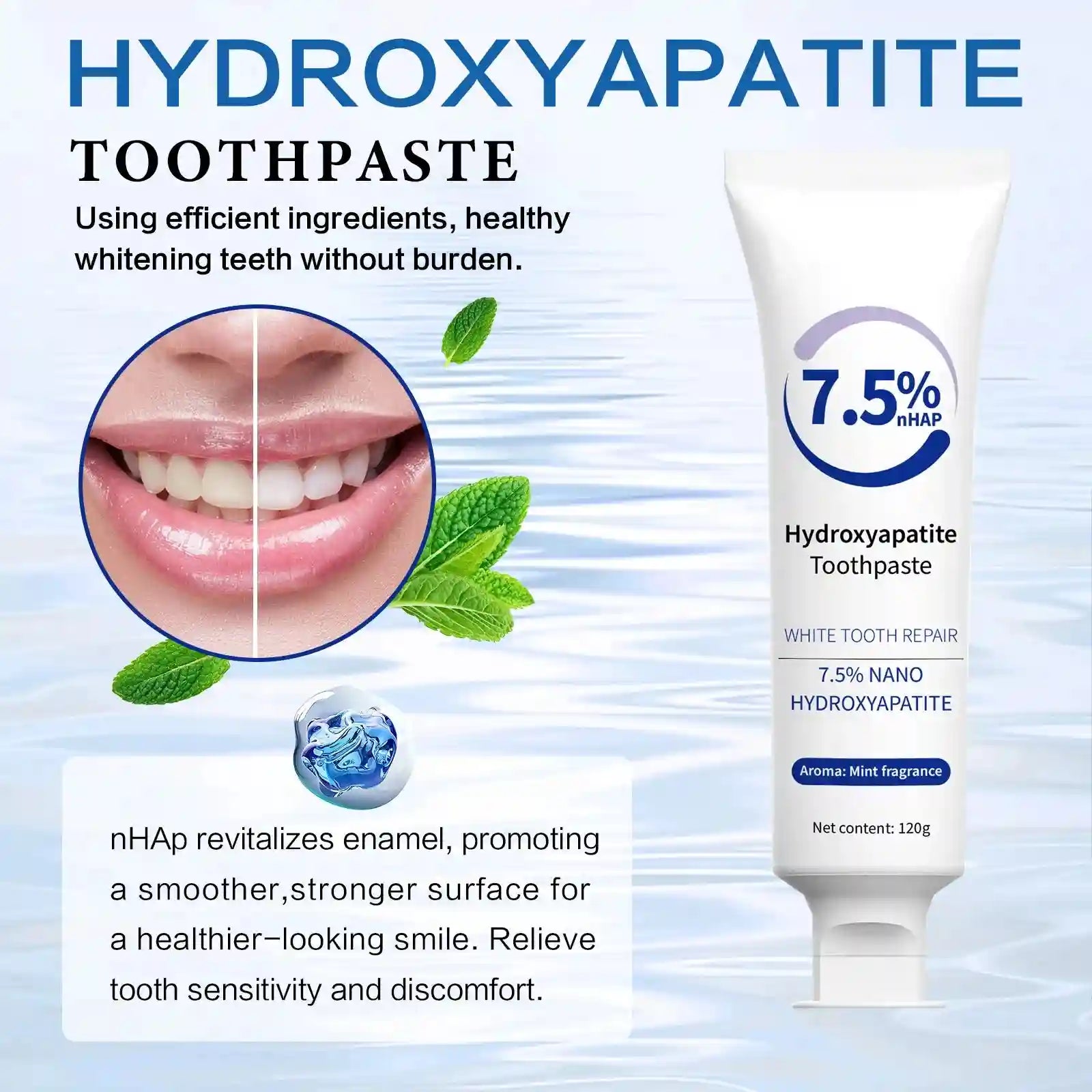 Tidesmit 120g Hydroxyapatite whitening toothpaste and pen set for stain removal and gentle oral care.
