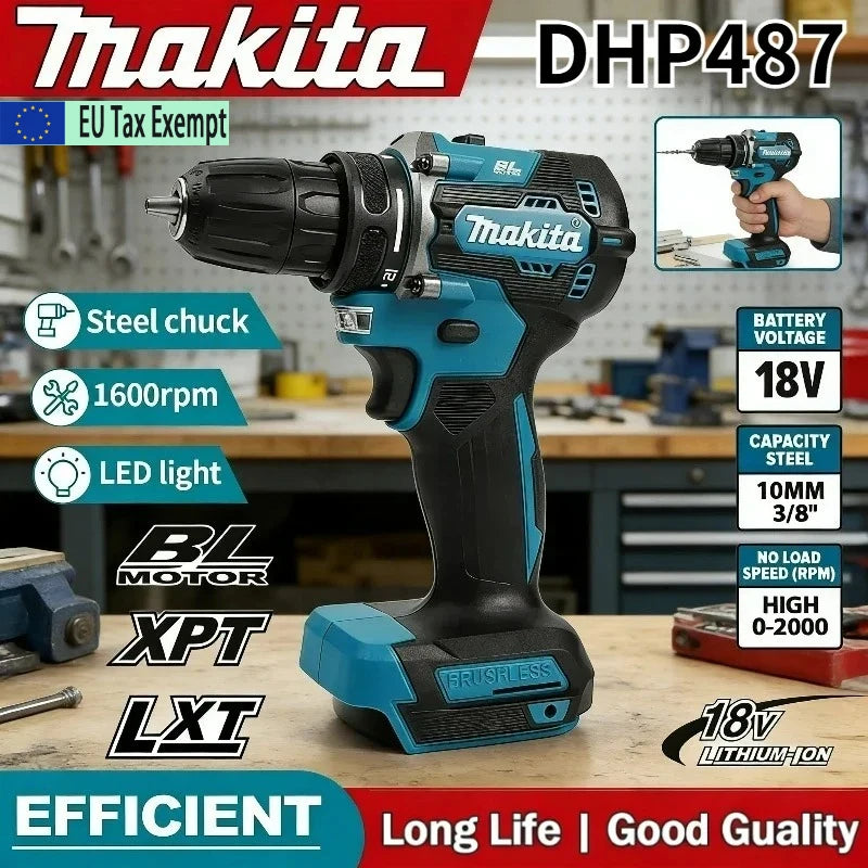 Makita DDF487 13mm Brushless Household 18V Lithium-ion Charging Impact Drill,high Torque Electric Screwdriver Makita 18V Battery
