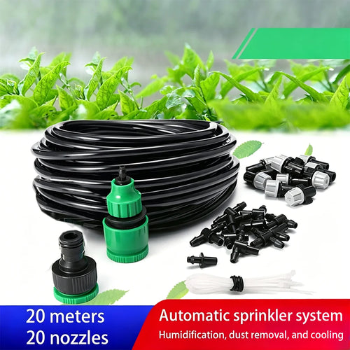 Outdoor misting spray cooling kit with coiled black hose, green connector, and nozzle set