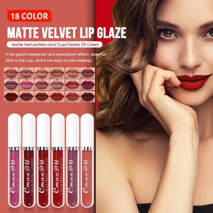 Waterproof, non-stick matte liquid lipstick set in 18 vibrant shades for long-lasting velvet lip makeup.