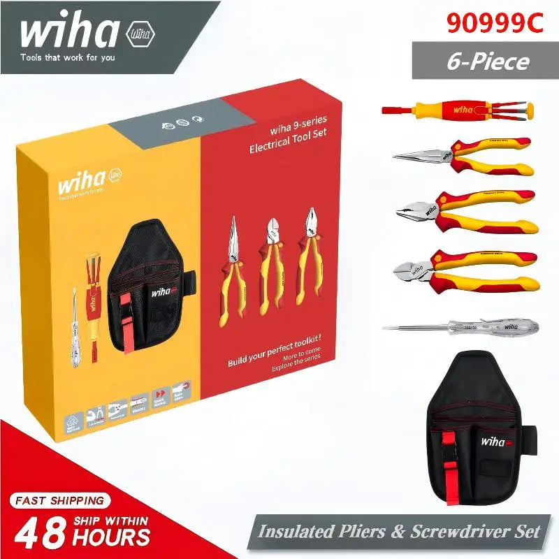 Wiha 90999C 6-Piece 1000V VDE Insulated Electrician Tool Kit, Multifunctional Pliers Screwdriver Set with Portable Storage Bag
