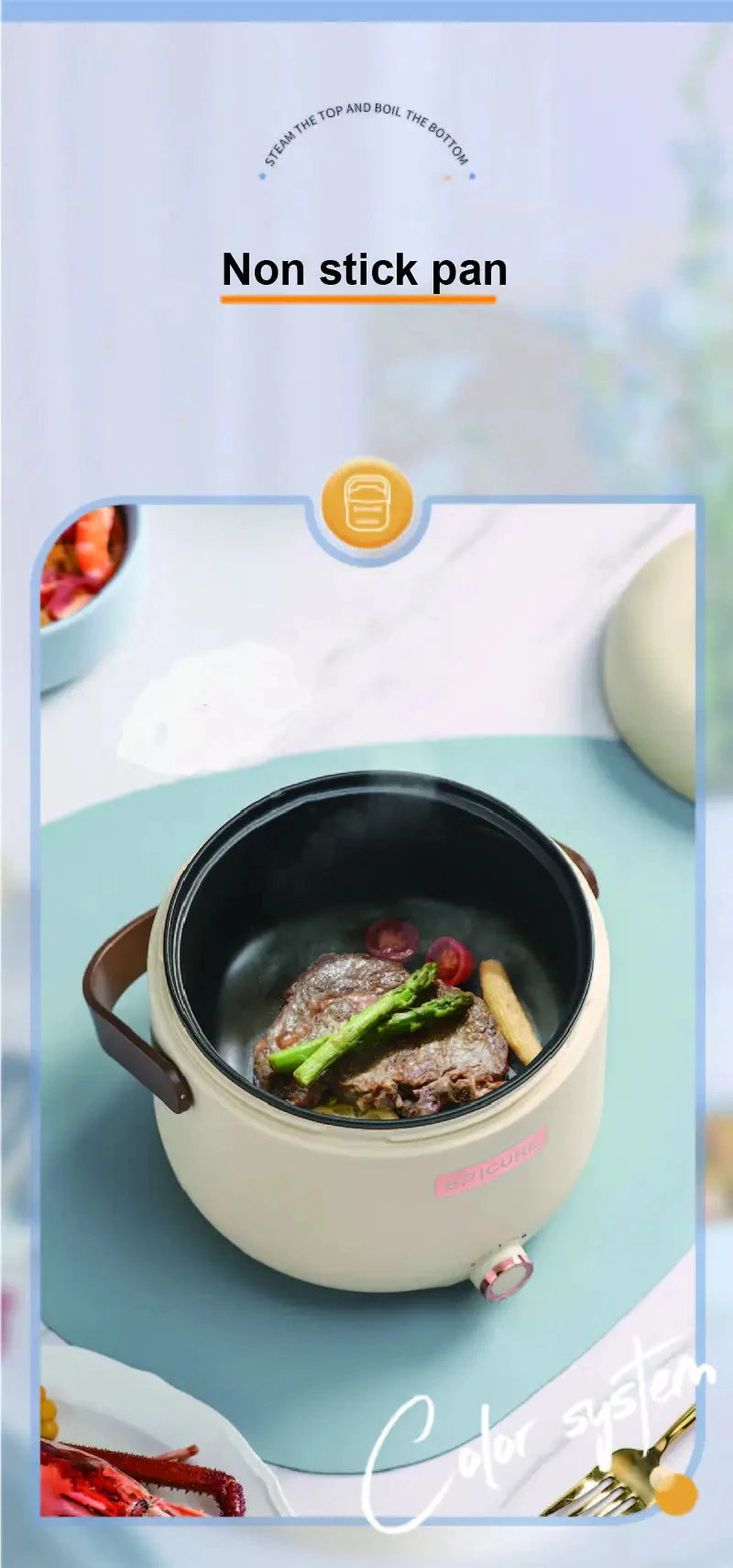 Cream non-stick cooking pot with meal inside, visible inner base