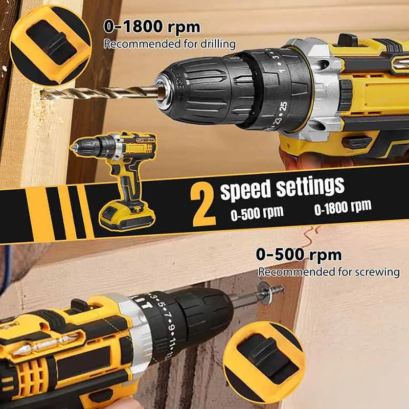 Cordless Impact Drill 1800RPM Electric Screwdriver & Hammer Drill 3-in-1 Mini Wireless Hand Drill, Rechargeable Power Tool for Household Installation and Repair