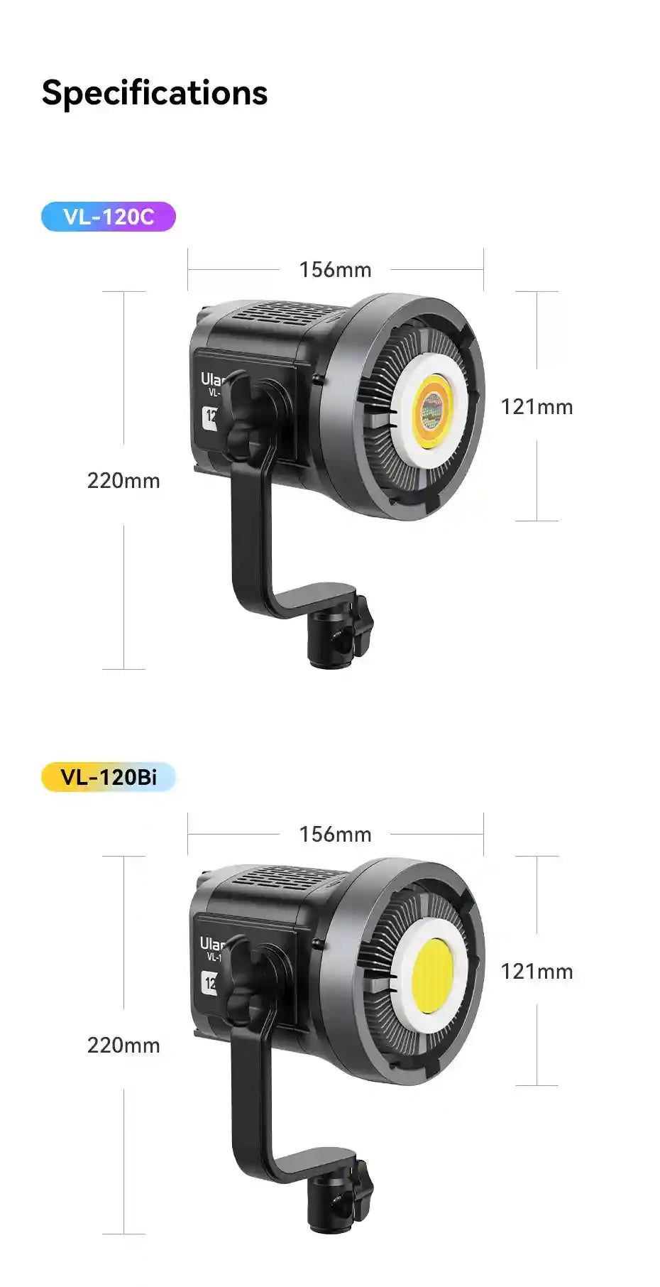 VL-120C and VL-120Bi LED studio lights with metal housing and swivel mounts, featuring 156mm x 220mm dimension labels.