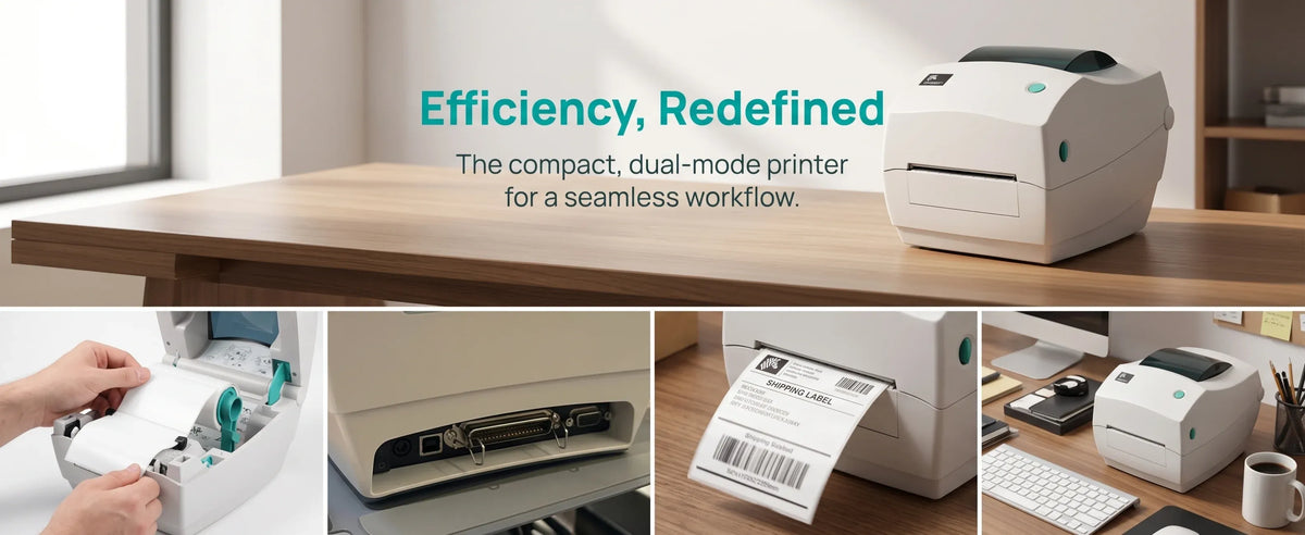 Compact desktop label printer shown in a workspace with detail views