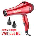 Professional 2300W red salon hair dryer with 3m cord, ergonomic handle, and two styling nozzle attachments.
