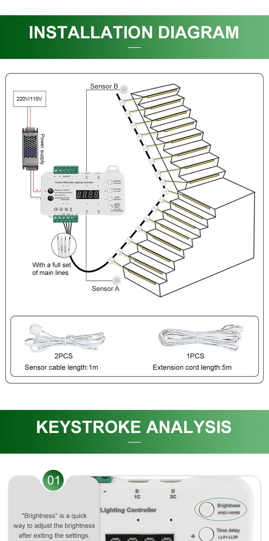 CCT 2700K-6500K Dimmable LED Stair Light Motion Sensor Stair Lighting 1-20 Steps CCT COB Strip Kit For Indoor Stair Light