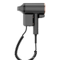 Grey wall-mounted 1300W ionic hair dryer with nozzle attachment and coiled cord for home or hotel bathroom use.