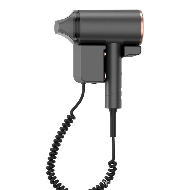Grey wall-mounted 1300W ionic hair dryer with nozzle attachment and coiled cord for home or hotel bathroom use.