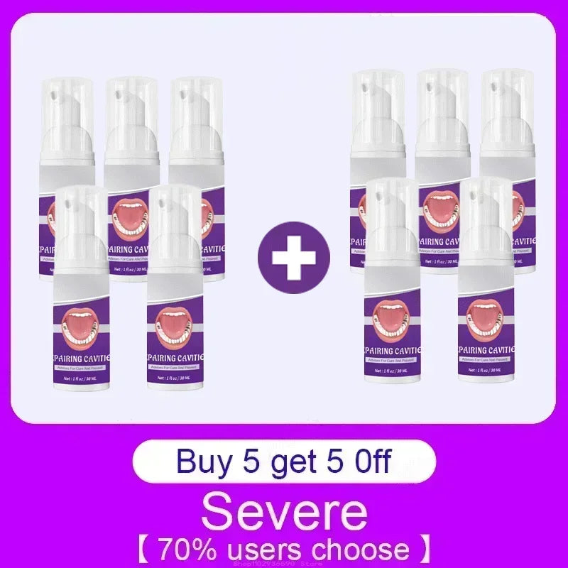 Ten 30ml pump bottles of cavity repair foam with purple labels featuring a mouth graphic, used for dental care.