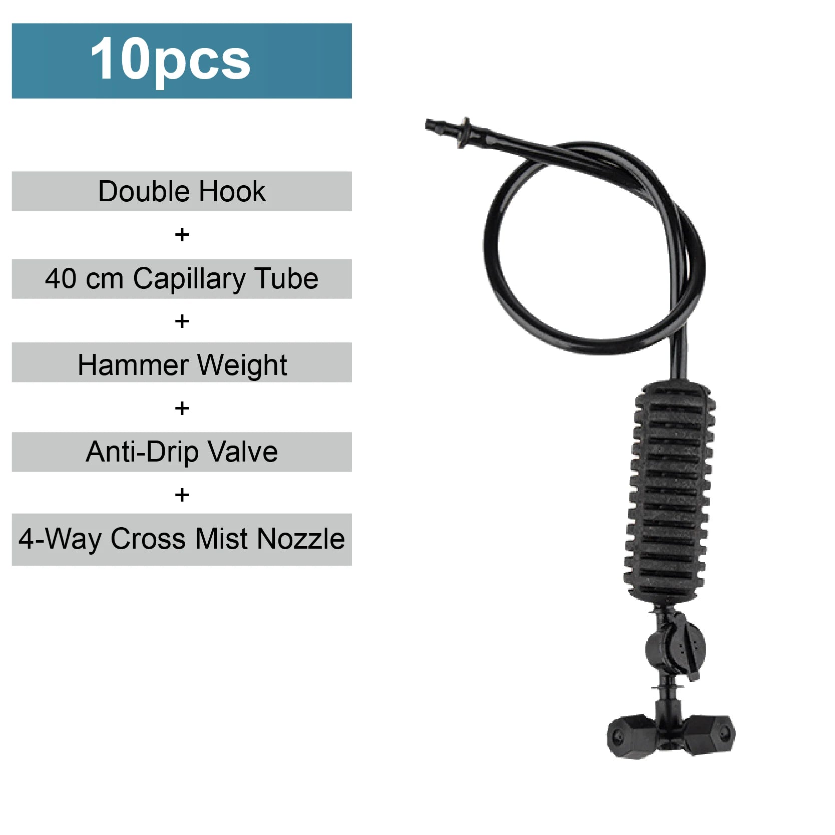 Garden hanging four-way cross mist nozzle with black tube and gray outlet fittings