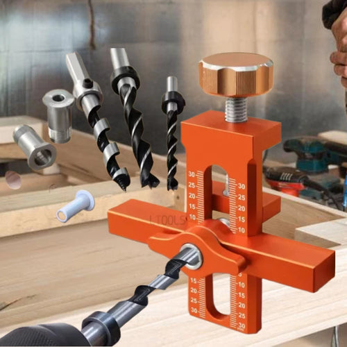Orange aluminum cabinet door installation positioner jig with drill bits and mounting pins