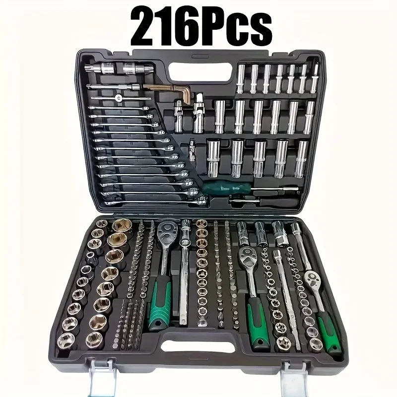 216-Piece Professional Socket Set 1/2' 3/8' 1/4' Drive SAE & Metric with 72-Tooth Ratchet for Automotive And Home Repair.（1SET）