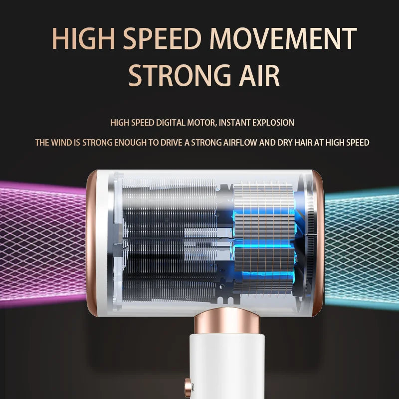 HOMEFISH high-speed hairdryer cross-section showing digital motor, white and rose gold design for fast hair drying.