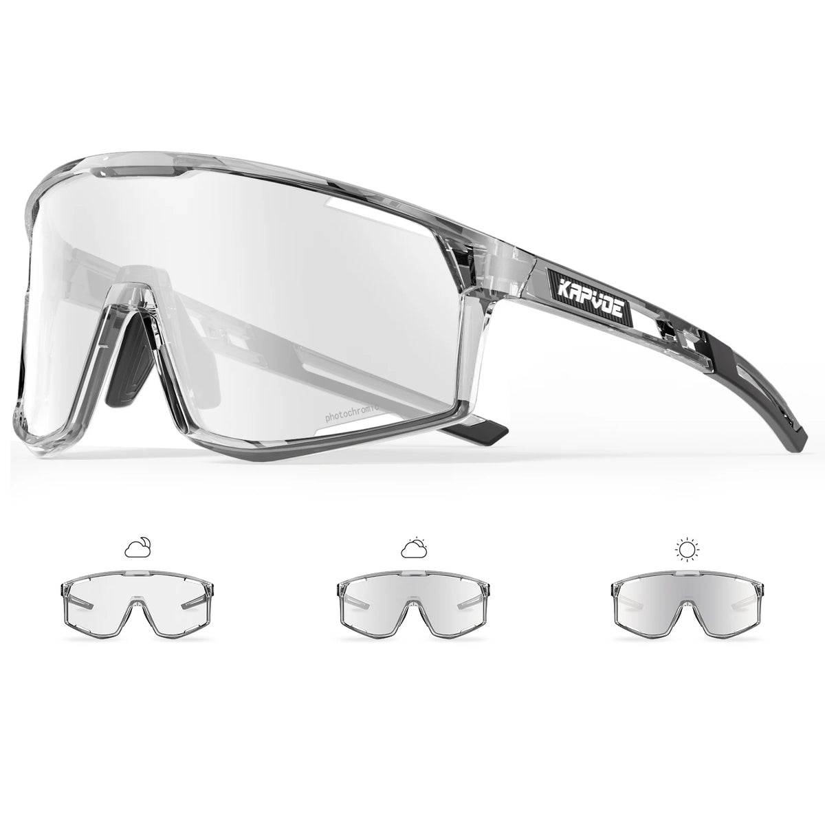 Clear-lens cycling goggles with gray frame and three lens views