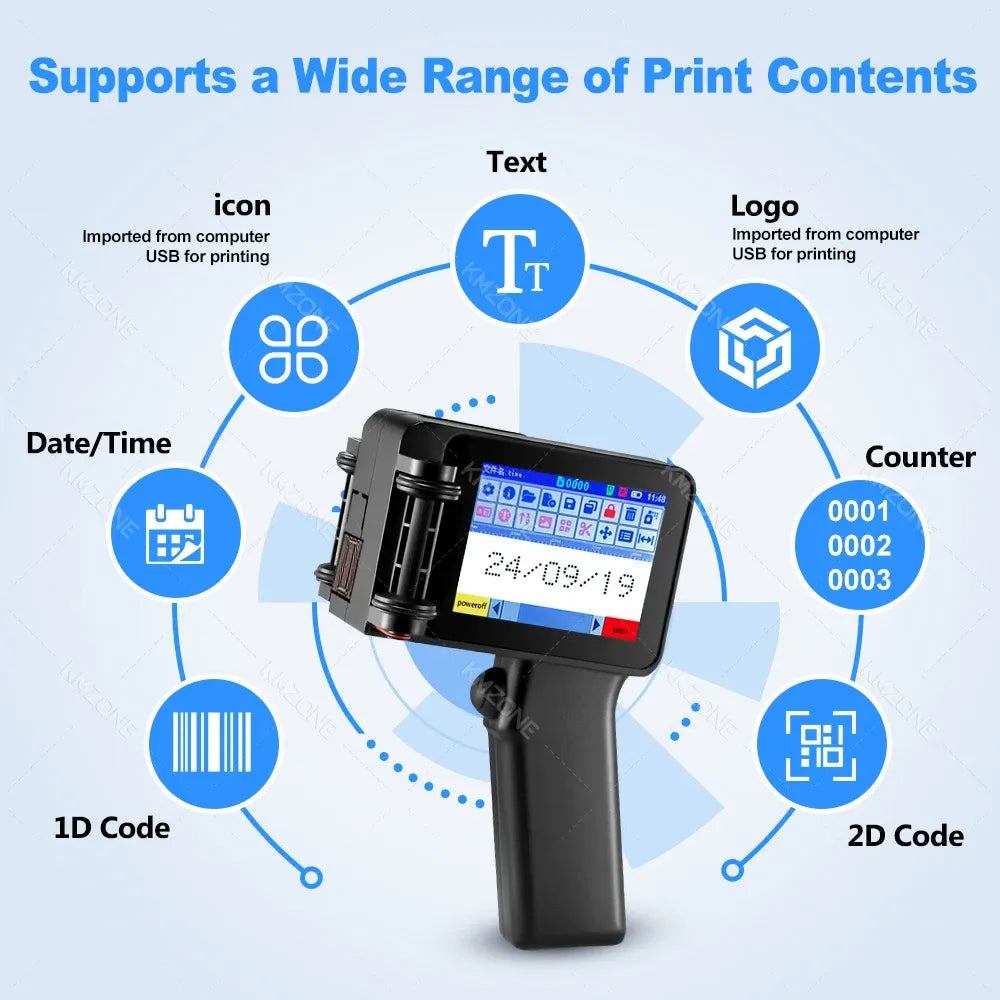 Handheld inkjet label printer with touchscreen icons for text, logo, counter, date, and codes
