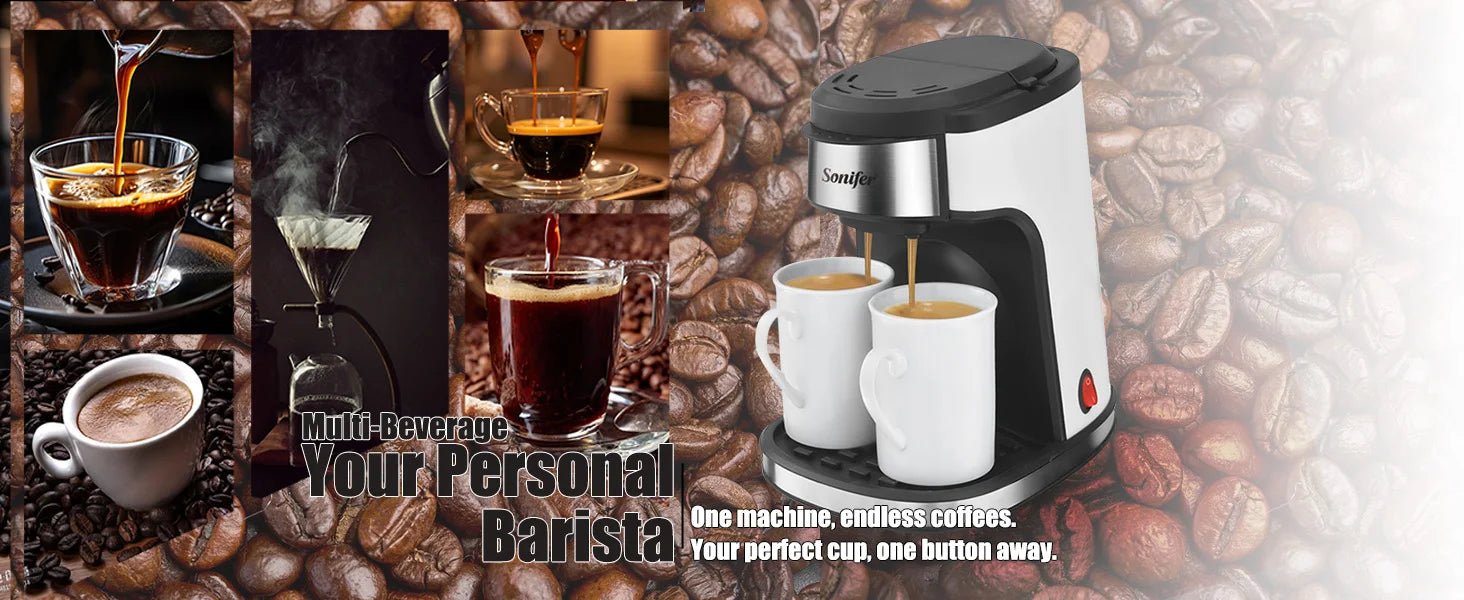 Sonifer white and black dual-cup coffee maker brewing fresh coffee into two white mugs on a coffee bean background.