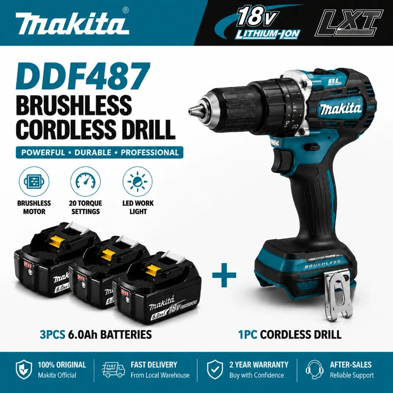 Original Makita 18V Cordless Drill Brushless High Torque Electric Drill DDF487 + Battery Pack BL1860B BL1840 DIY Professional Tool EU Fast Shipping