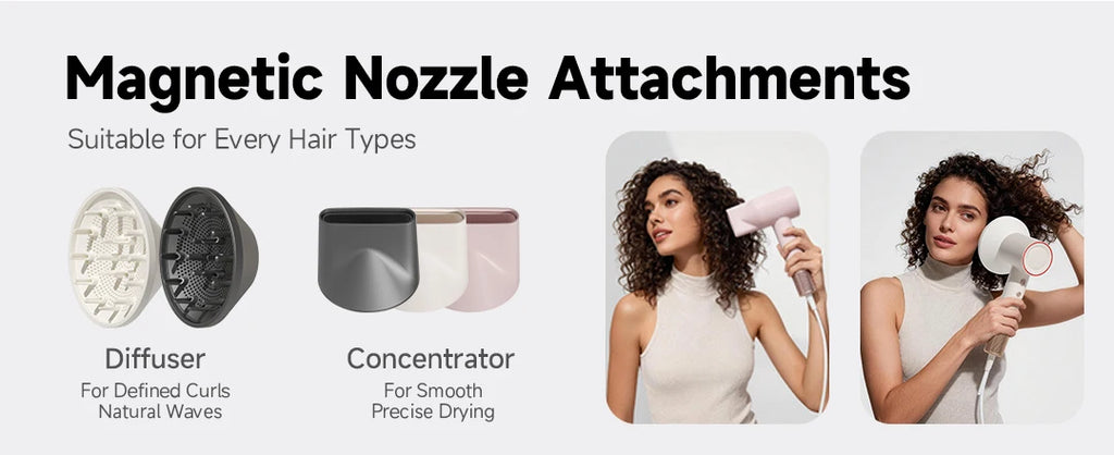 DOCO high-speed hair dryer with magnetic diffuser and concentrator nozzles for styling curly or straight hair.