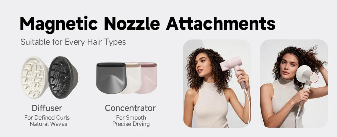 DOCO high-speed hair dryer with magnetic diffuser and concentrator nozzles for styling curly or straight hair.