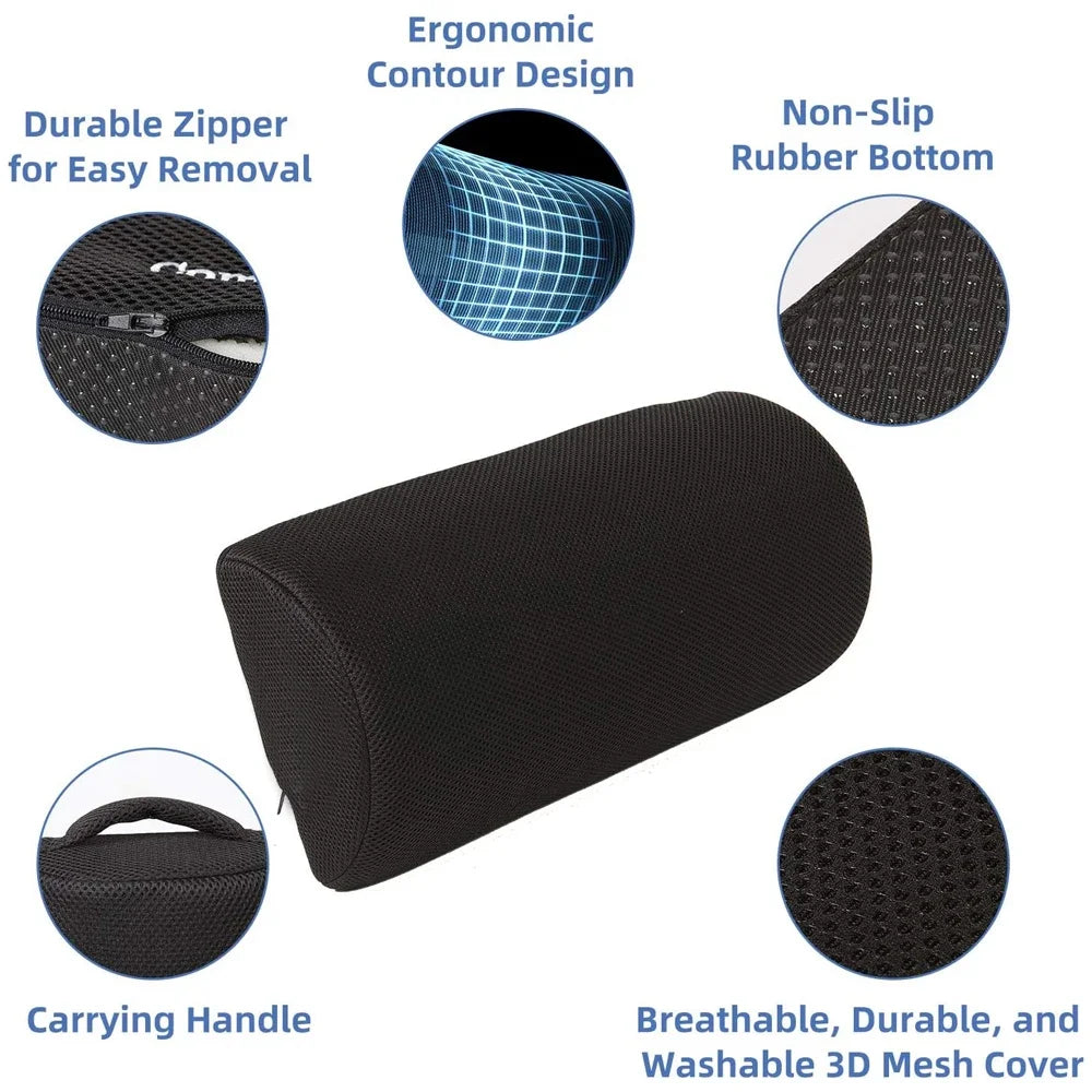 Ergonomic memory foam foot rest for under desk, black non-slip design with handle and washable breathable mesh cover.
