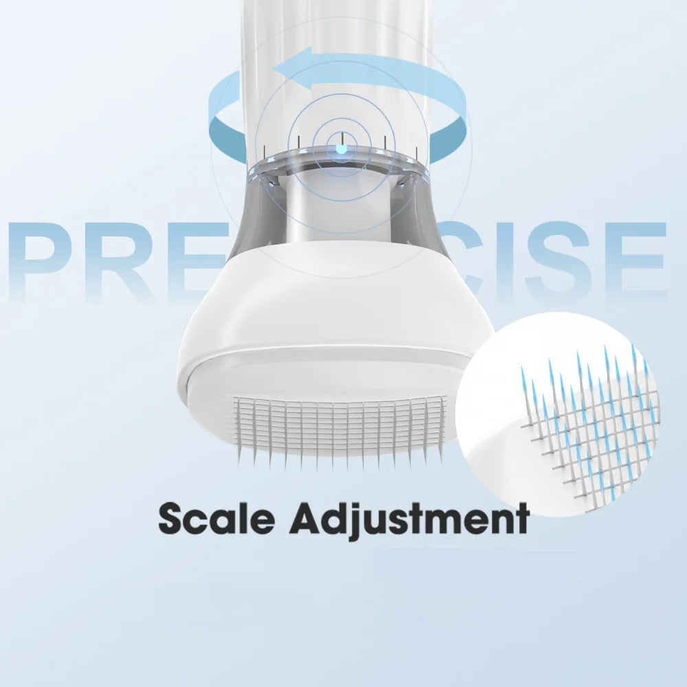 White S2 140-pin derma stamp with serum container and precise adjustable needle scale for hair and skin care.