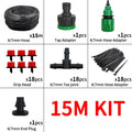 15M drip irrigation kit parts: 4/7mm hose, tap adapter, tee joint, hose adapters, drip heads