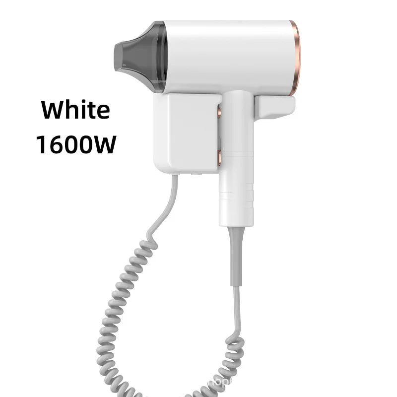 White 1600W wall-mounted hair dryer with nozzle attachment for home or hotel bathrooms. Compact, modern blow dryer.