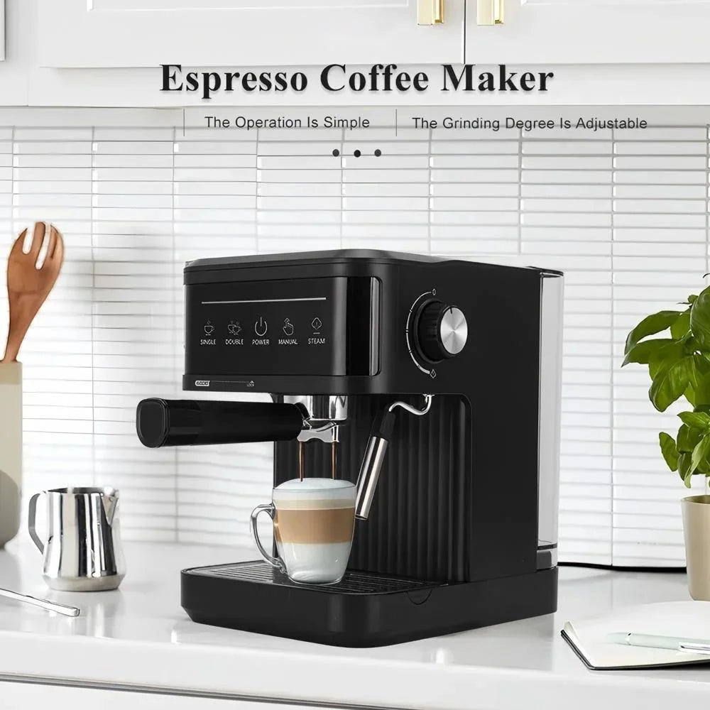 Black espresso coffee maker with touch control, steam wand, and portafilter on a white kitchen counter.