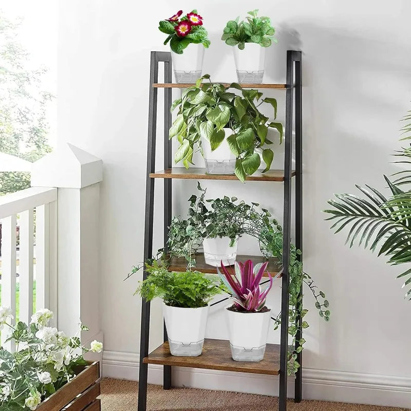 Self-watering flower pot with injection hole, white planters on indoor plant stand shelf