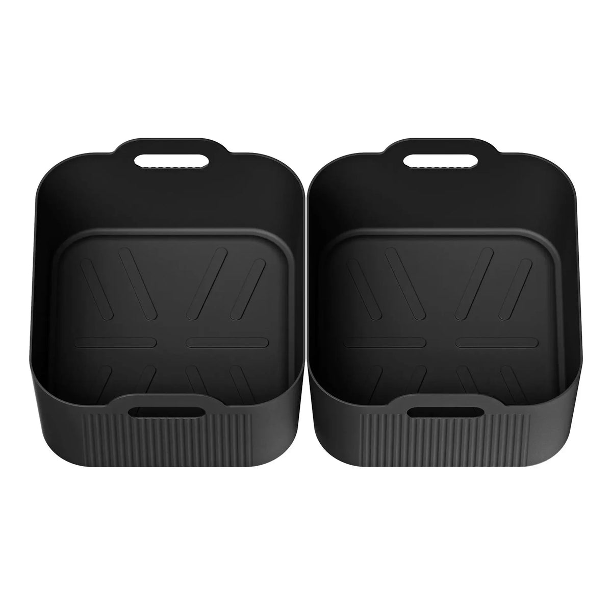 Two black air fryer silicone tray liners with side handle holes