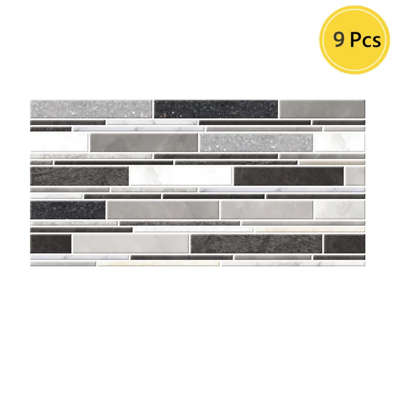 Self-adhesive backsplash tile sticker sheet, dark grey brick strip pattern (9 pcs)