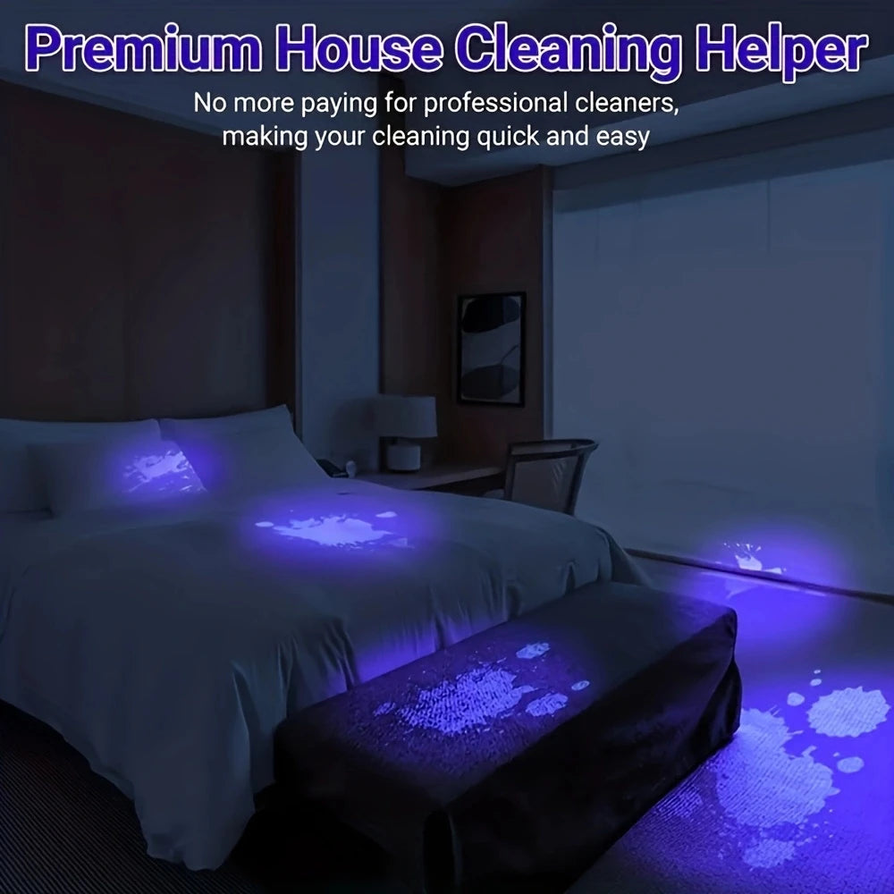 3-in-1 UV flashlight detecting pet stains on bed and floor. USB rechargeable tool for easy deep cleaning.