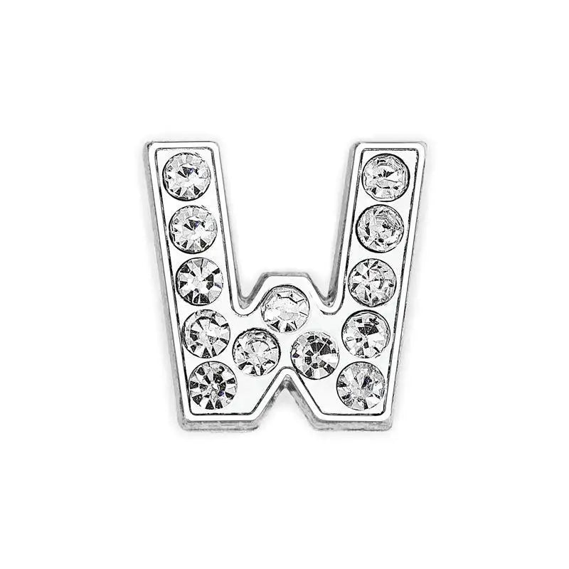 Silver rhinestone letter W slide charm for 8mm pet collars. DIY alphabet charm to personalize dog or cat collars.