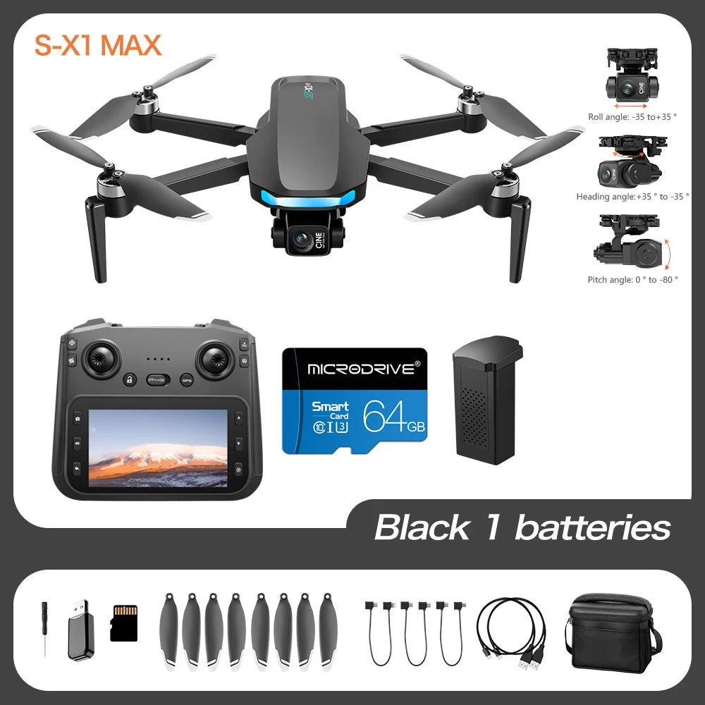 4K Camera Drone with 3-Axis Gimbal GPS Quadcopter - Tidesmit S-X1-3-Axis-B-64G Tidesmit