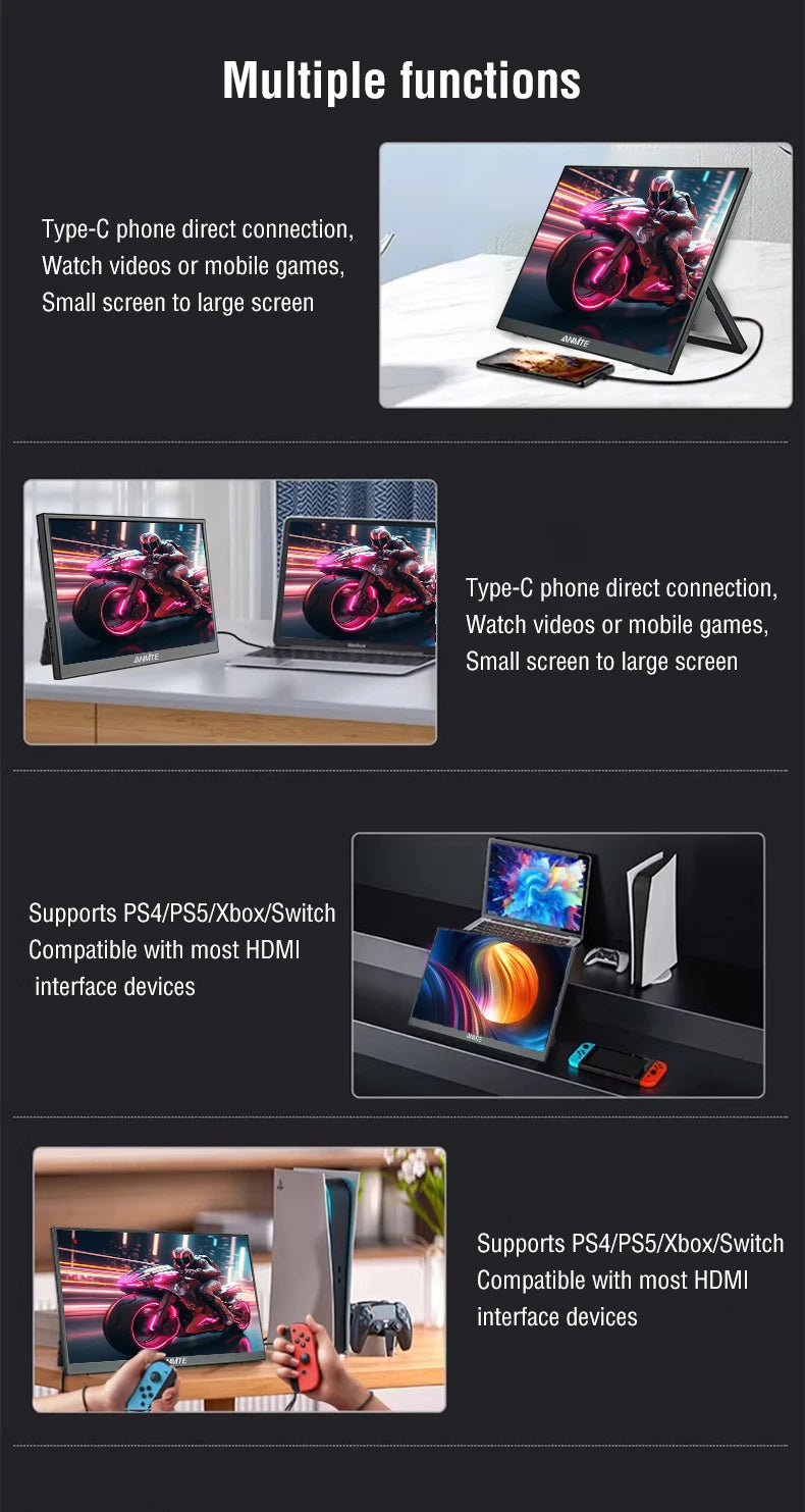 Anmite 15.6-Inch Portable Touch Monitor Non-touch Optional 1080P HDR 16:9 For XBox PS4 / 5 Switch Cell Phone PC Loptop Extensio