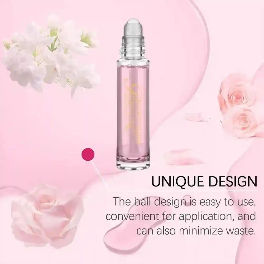 New Pheromone roll-on perfume for men and women, floral rose and jasmine scented fragrance in a sleek glass bottle.