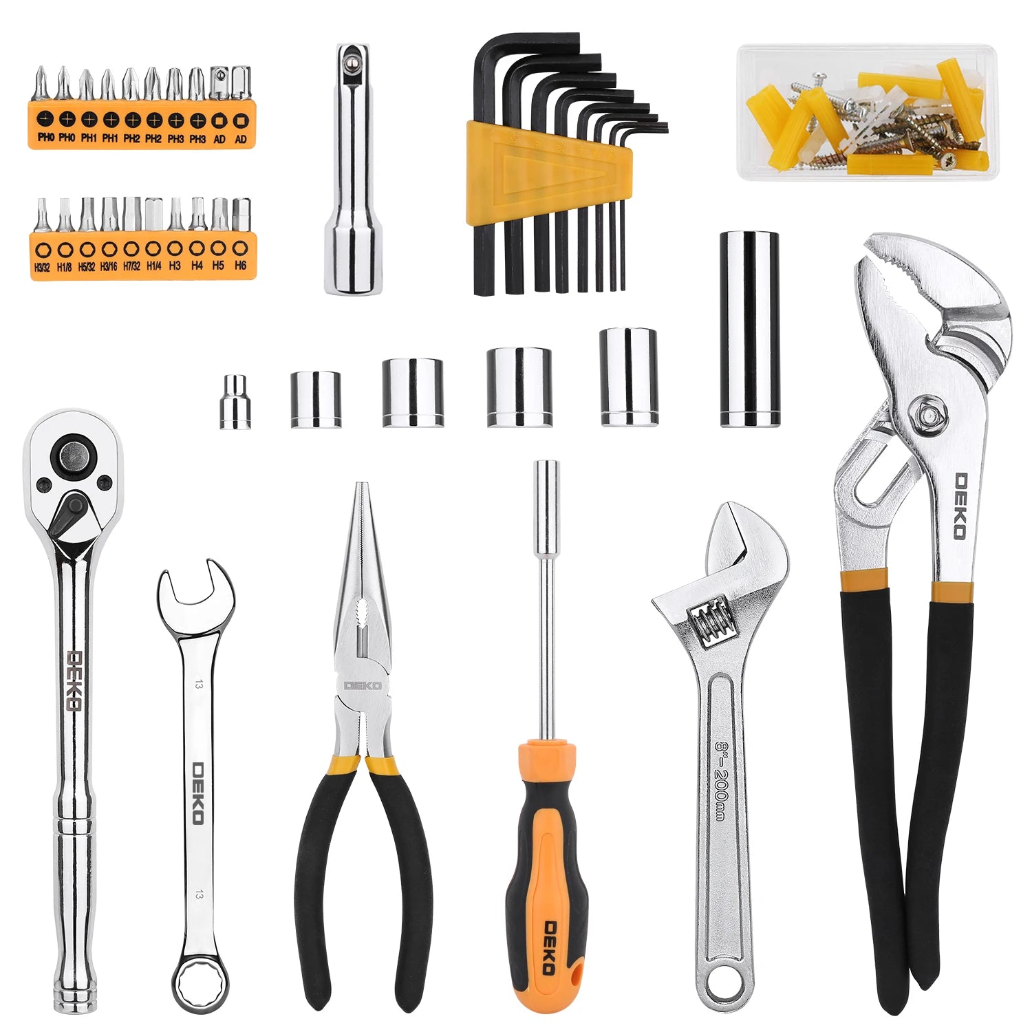DEKO 192Pcs 198Pcs Professional Car Repair Tool Set Ratchet Spanner Screwdriver Socket Mechanics Tools Kit W/ Blow-Molding Box