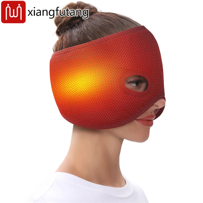 Red, mesh-textured, half-face heating mask worn on a woman's face, featuring a glowing orange thermal effect.