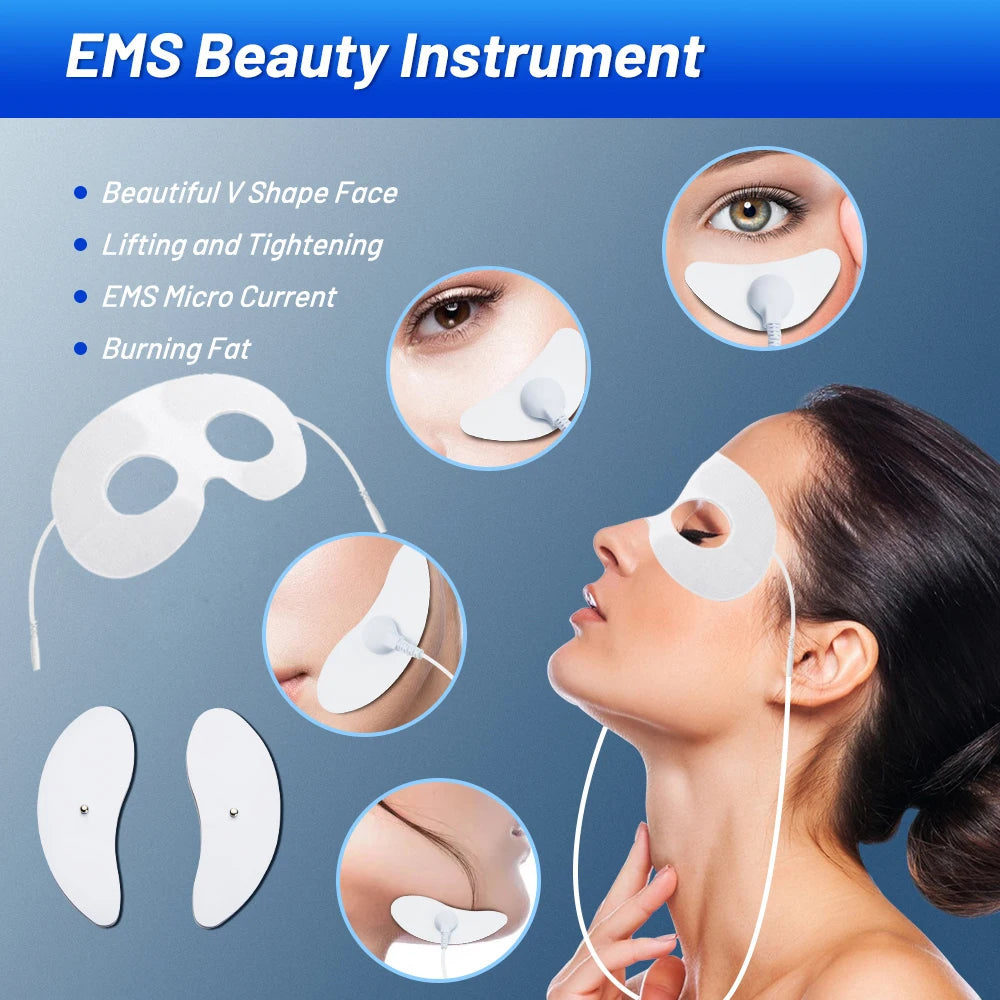 White EMS electric eye massager and face lifting pads for anti-wrinkle skin care and muscle stimulation.