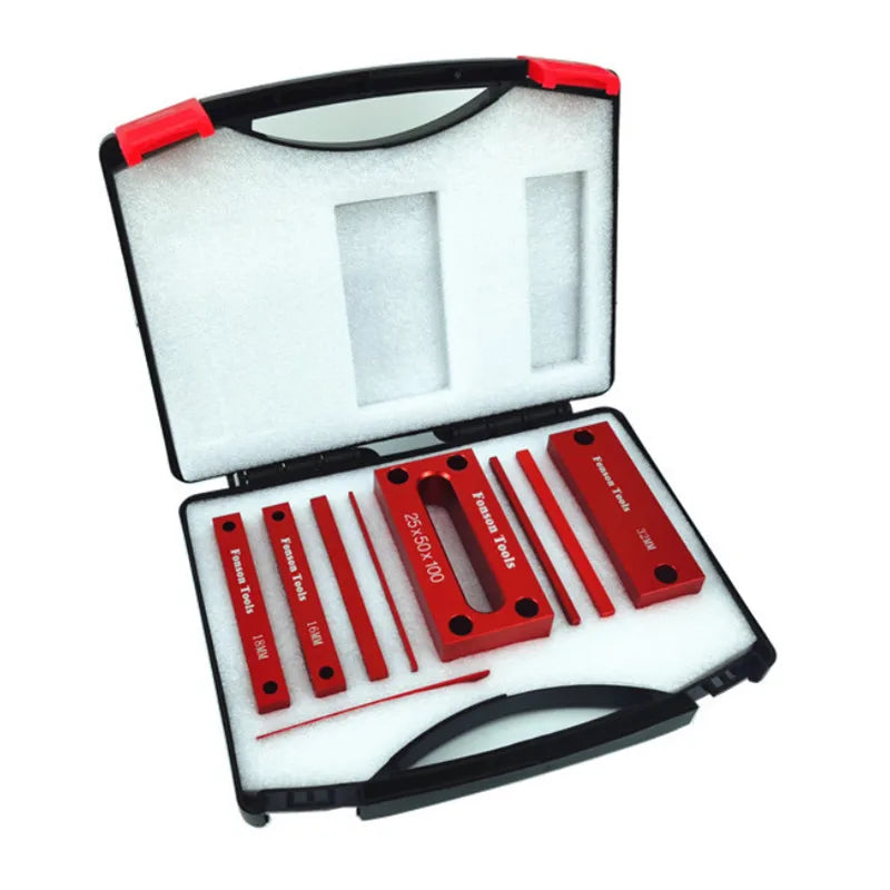 Height gauge set case with red aluminum setup bars and cutout measurement slots