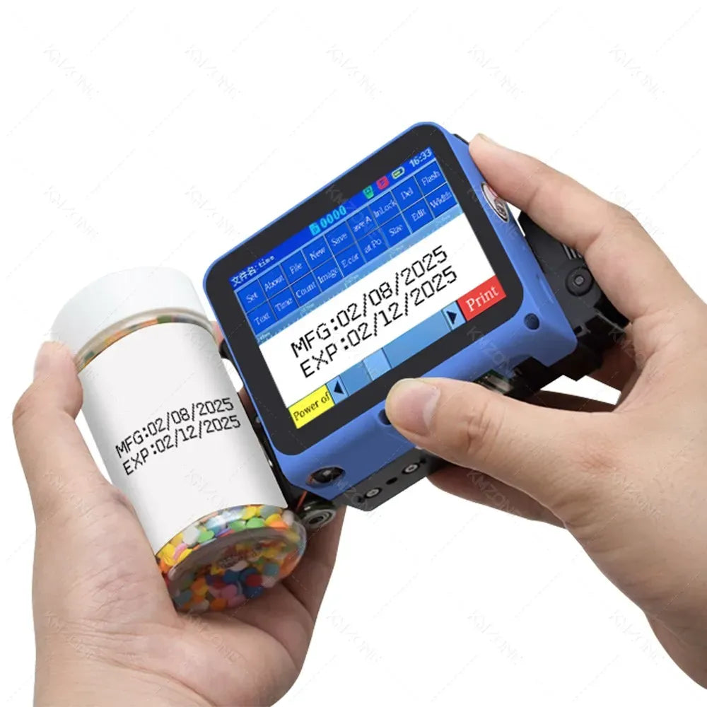 Mini handheld inkjet printer applying a printed code to a small bottle
